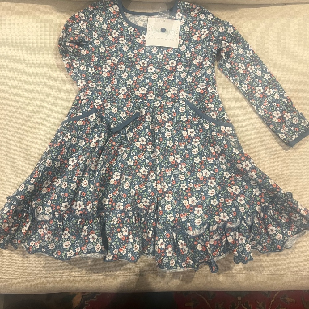 Blue Floral A-Line Dress with Ruched Bodice and Tiered Skirt
